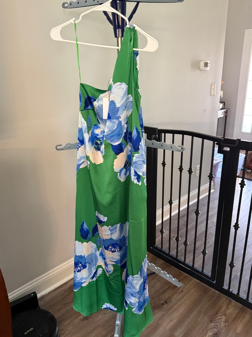 Sugarlips One-Shoulder Green Dress with Blue and White Floral Print